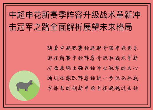 中超申花新赛季阵容升级战术革新冲击冠军之路全面解析展望未来格局