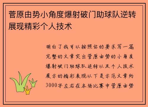 菅原由势小角度爆射破门助球队逆转展现精彩个人技术 菅原由势小角度爆射破门助球队逆转展现精彩个人技术